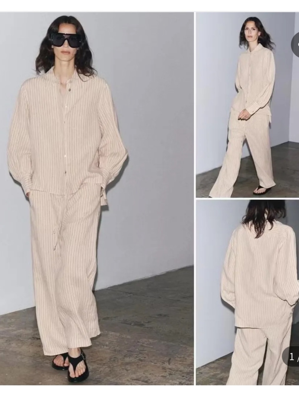 Zara 100% linen Beige Pinstripe Wide-Leg Pants and Blouse Set